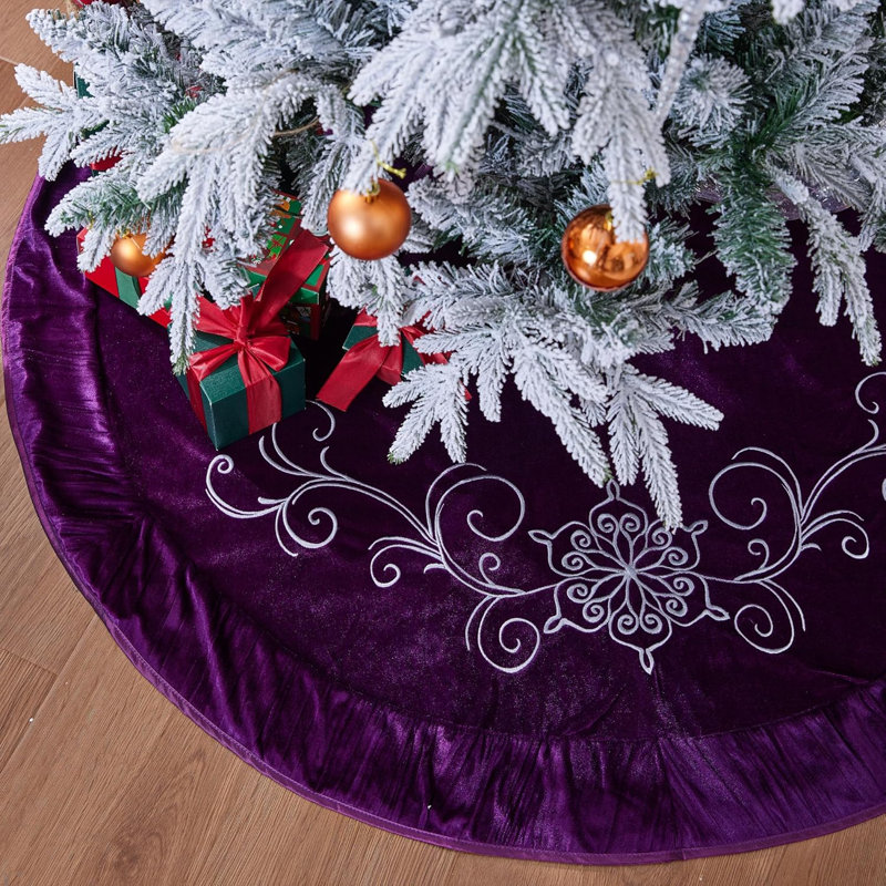 Flower Embroidered Velvet Christmas Tree Skirt With Pleat Velvet Border 50 Purple Purple 50 Inch